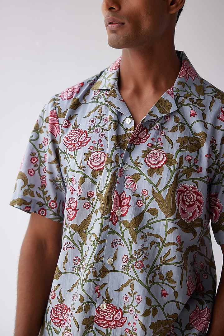Blue Viscose Crepe Floral Printed Summer Shirt by Kheer-Ganga at Pernia's Pop Up Shop