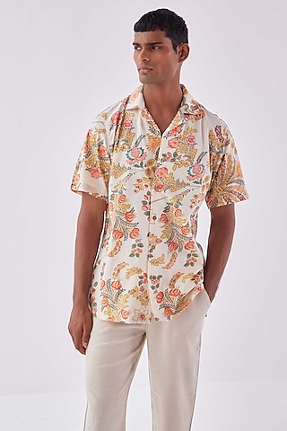 White Viscose Crepe Floral Printed Shirt by Kheer-Ganga