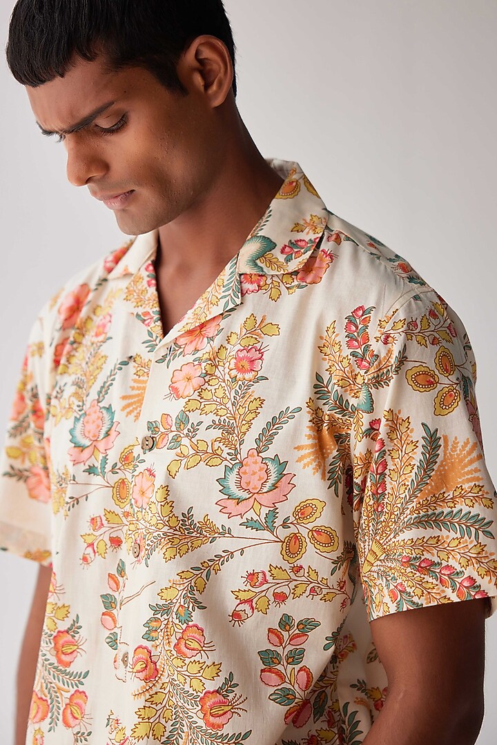 White Viscose Crepe Floral Printed Summer Shirt by Kheer-Ganga at Pernia's Pop Up Shop