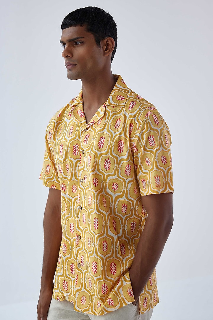 Mustard Viscose Crepe Floral Printed Summer Shirt by Kheer-Ganga at Pernia's Pop Up Shop