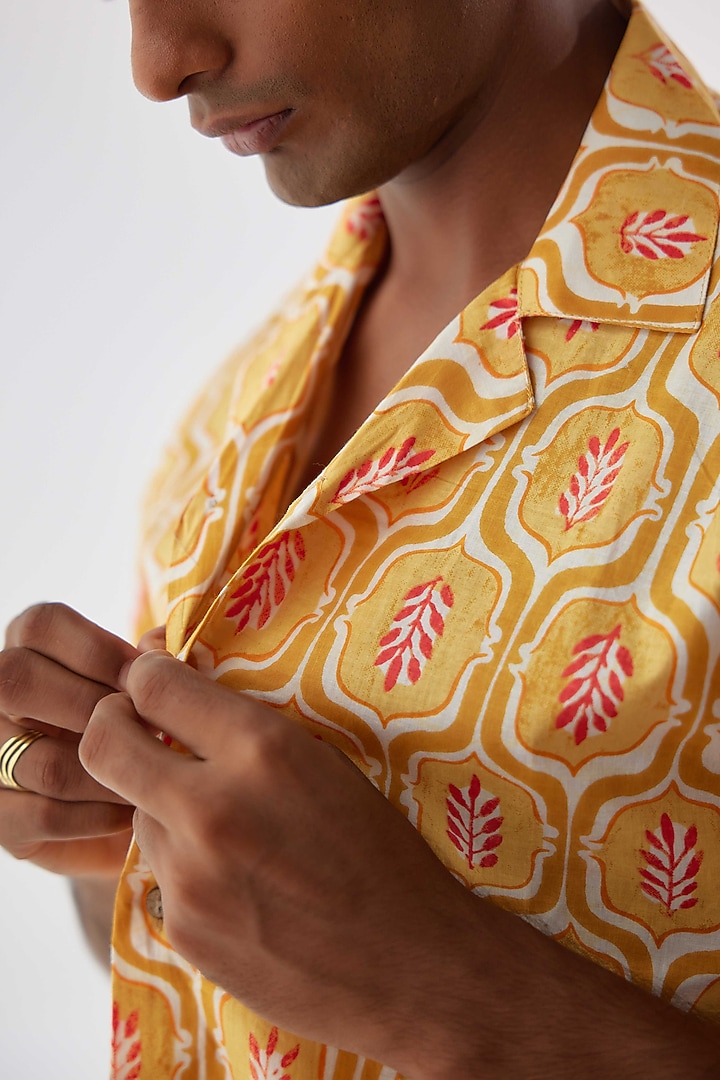 Mustard Viscose Crepe Floral Printed Summer Shirt by Kheer-Ganga at Pernia's Pop Up Shop