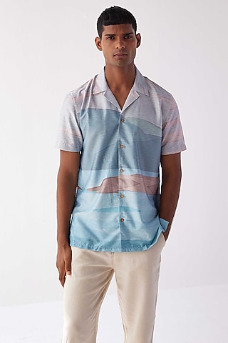 Sky Blue Viscose Crepe Floral Printed Shirt by Kheer-Ganga