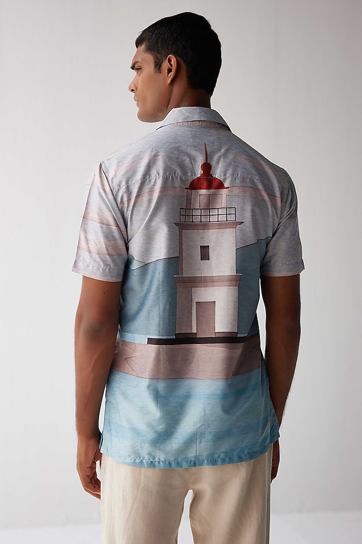 Sky Blue Viscose Crepe Floral Printed Summer Shirt by Kheer-Ganga at Pernia's Pop Up Shop