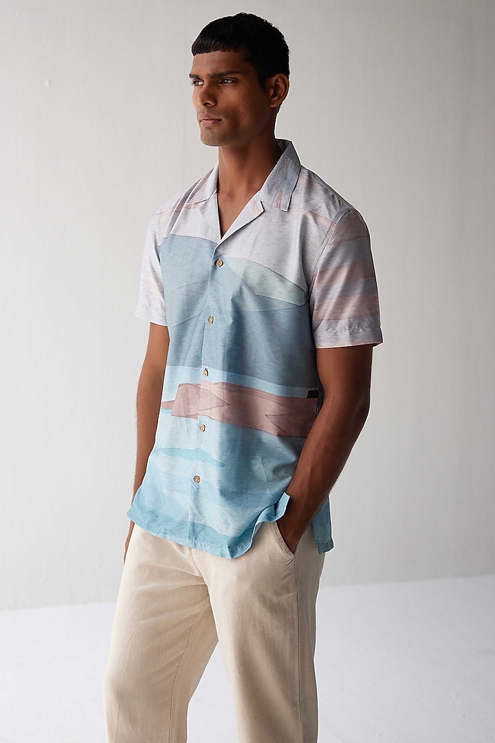 Sky Blue Viscose Crepe Floral Printed Summer Shirt by Kheer-Ganga at Pernia's Pop Up Shop