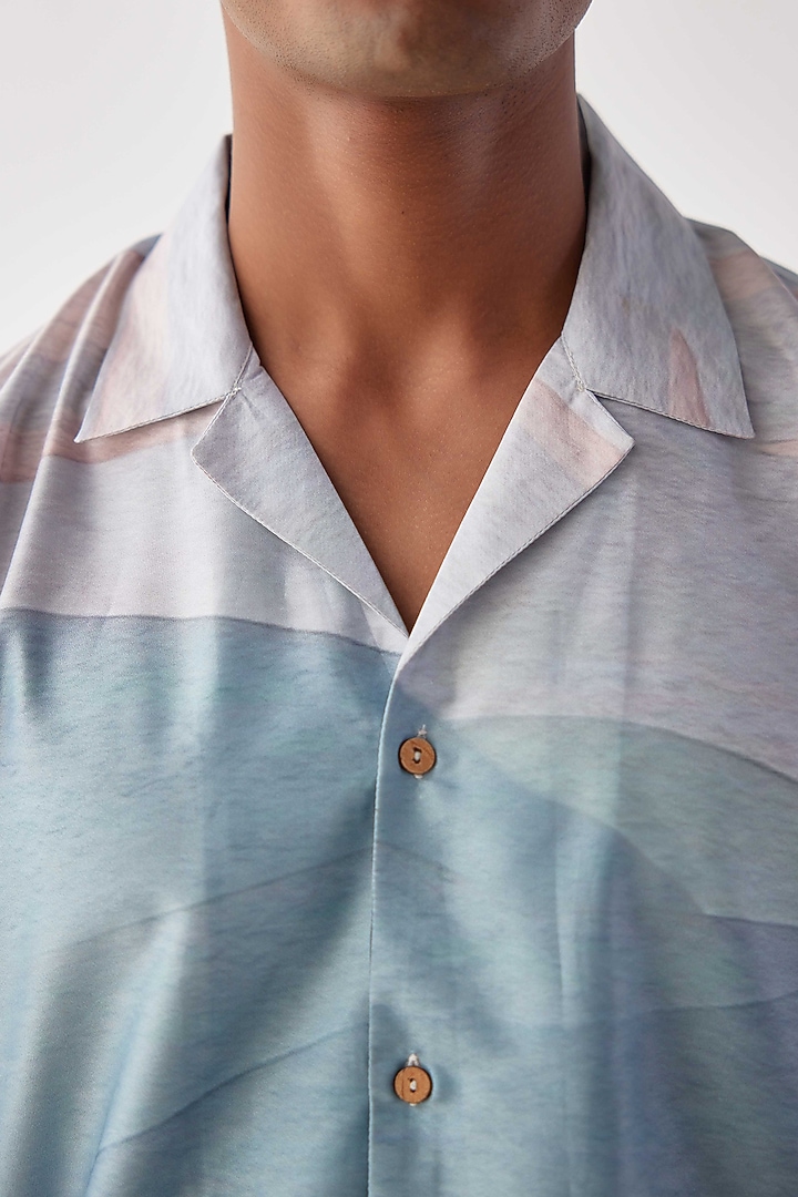Sky Blue Viscose Crepe Floral Printed Summer Shirt by Kheer-Ganga at Pernia's Pop Up Shop