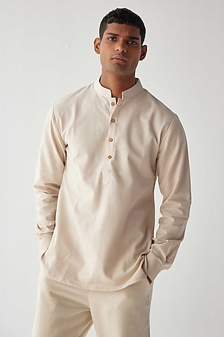 Beige Viscose Crepe Kurta Shirt by Kheer-Ganga