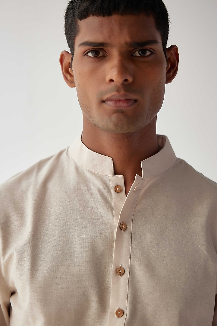 Beige Viscose Crepe Kurta Summer Shirt by Kheer-Ganga at Pernia's Pop Up Shop