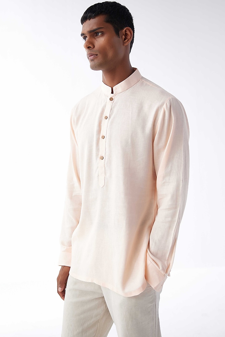 Peach Cotton Linen Kurta Shirt by Kheer-Ganga