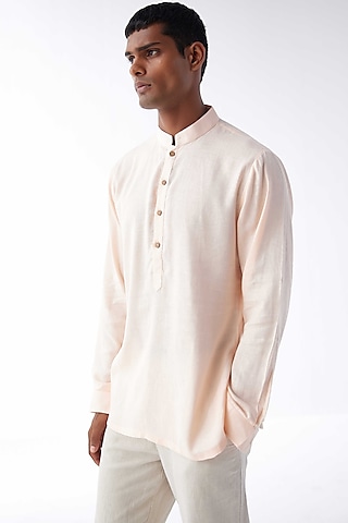 Peach Cotton Linen Kurta Shirt by Kheer-Ganga