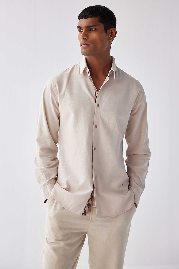Beige Cotton Linen Shirt by Kheer-Ganga