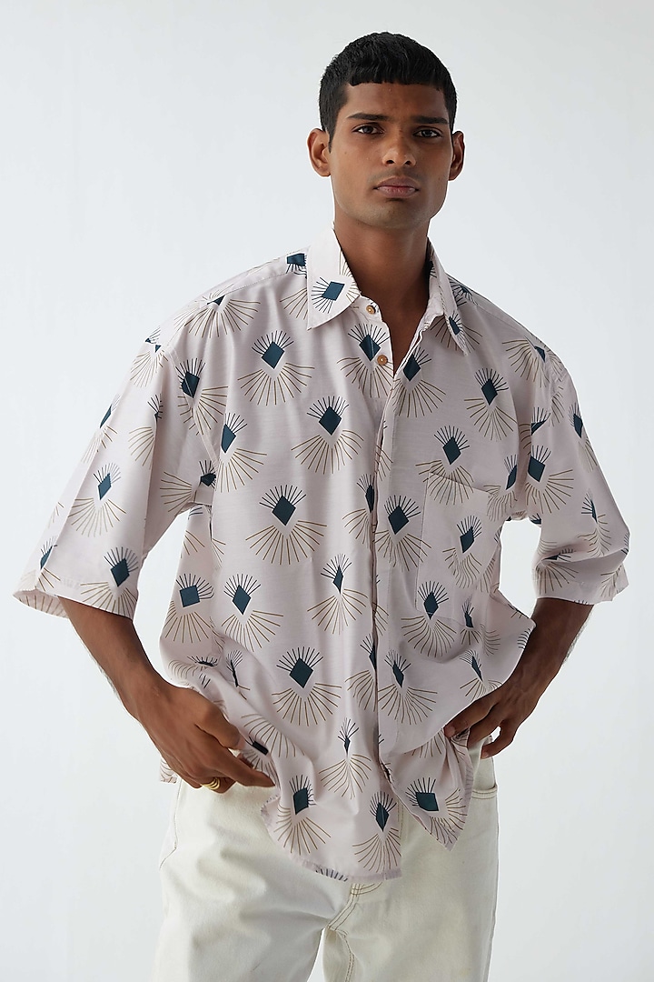 White Cotton Linen Blend Printed Shirt by Kheer-Ganga