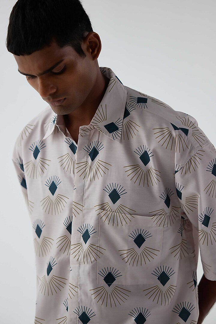 White Cotton Linen Blend Printed Party Wear Shirt by Kheer-Ganga at Pernia's Pop Up Shop