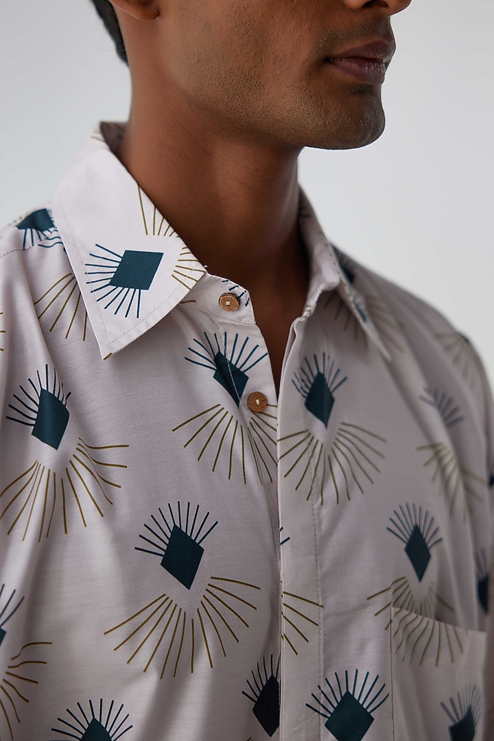 White Cotton Linen Blend Printed Party Wear Shirt by Kheer-Ganga at Pernia's Pop Up Shop