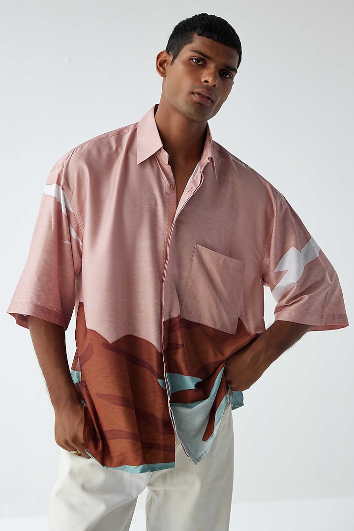 Blush Pink Viscose Crepe Printed Shirt by Kheer-Ganga