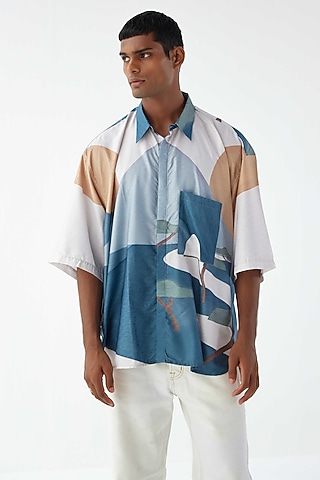 White & Blue Viscose Crepe Printed Shirt by Kheer-Ganga