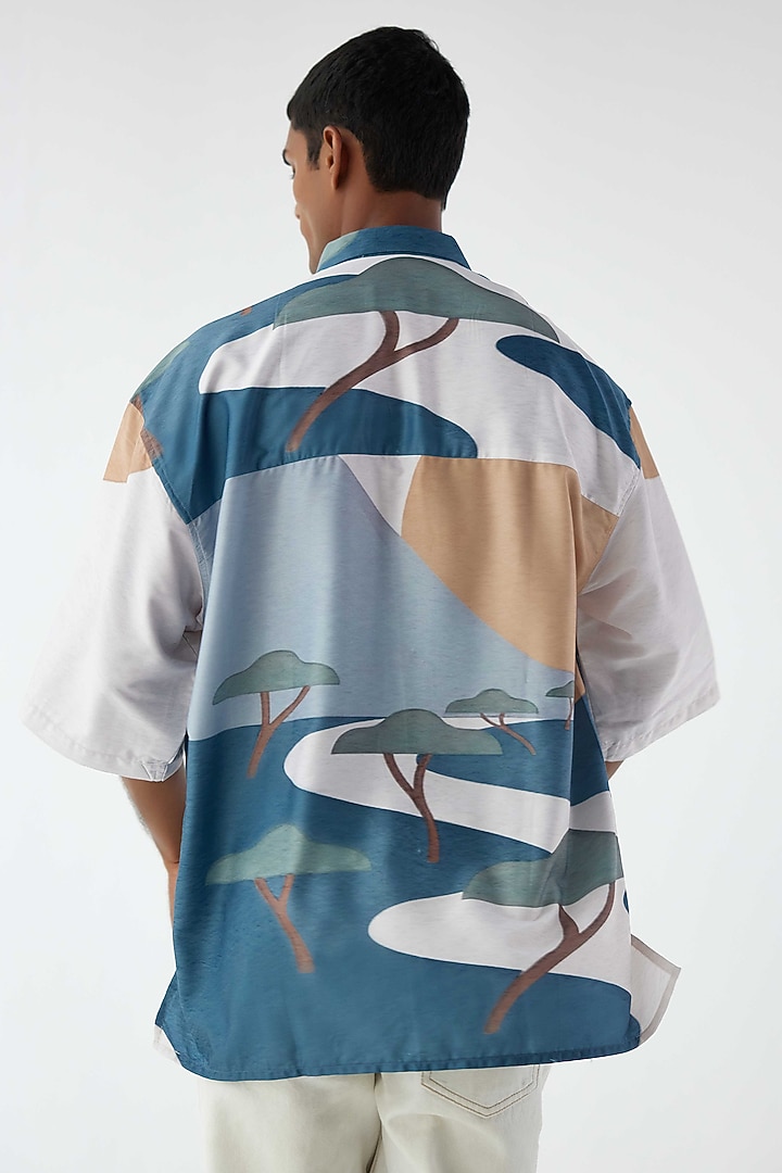 White & Blue Viscose Crepe Printed Party Wear Shirt by Kheer-Ganga at Pernia's Pop Up Shop