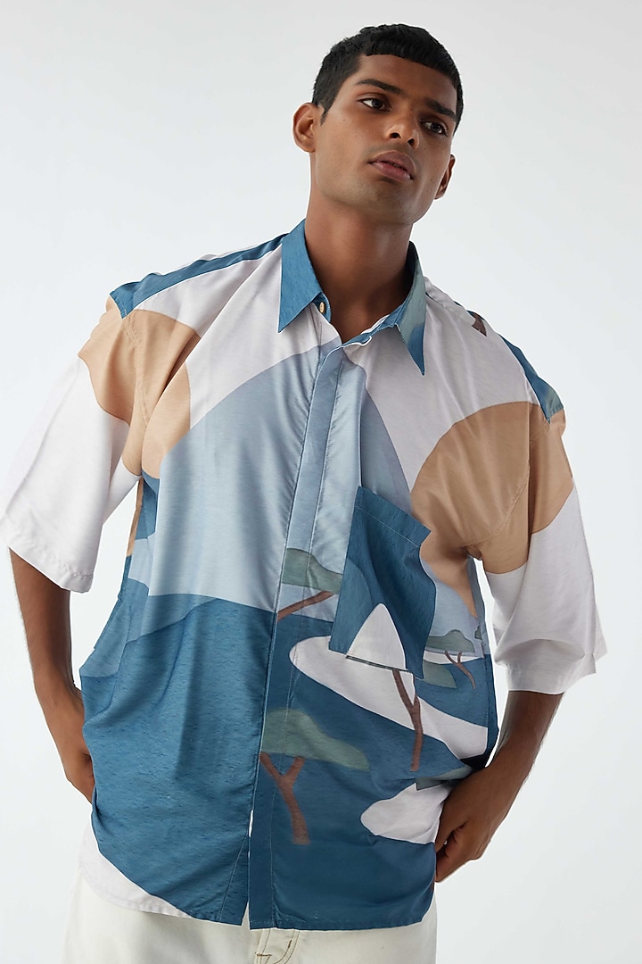 White & Blue Viscose Crepe Printed Party Wear Shirt by Kheer-Ganga at Pernia's Pop Up Shop