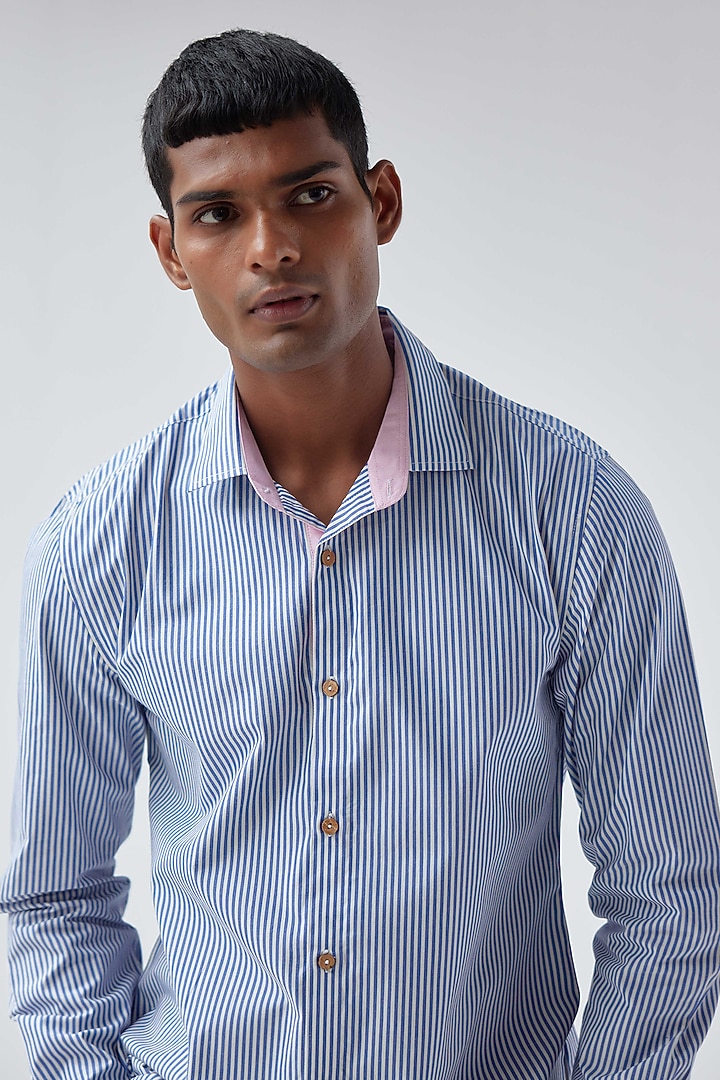 Blue Viscose Crepe Striped Summer Shirt by Kheer-Ganga at Pernia's Pop Up Shop