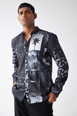 Black Viscose Crepe Printed Shirt by Kheer-Ganga