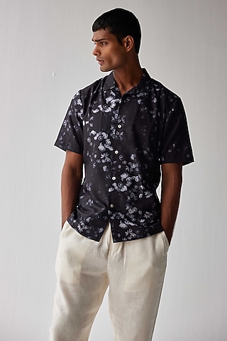 Black Viscose Crepe Printed Shirt by Kheer-Ganga