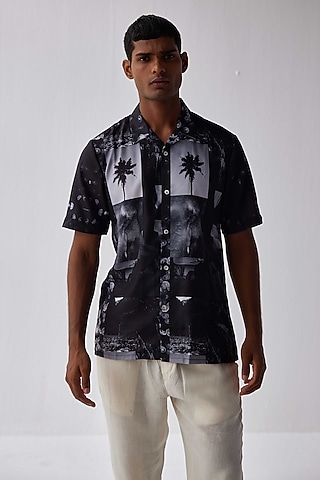 Black Viscose Crepe Printed Shirt by Kheer-Ganga
