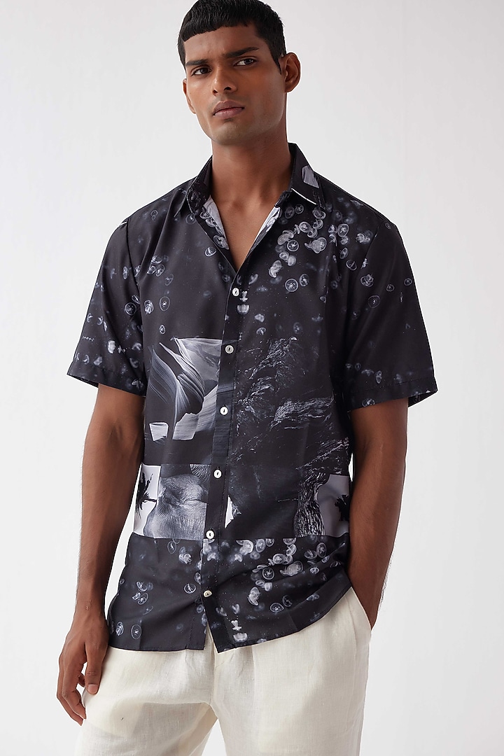 Black Viscose Crepe Printed Summer Shirt by Kheer-Ganga at Pernia's Pop Up Shop
