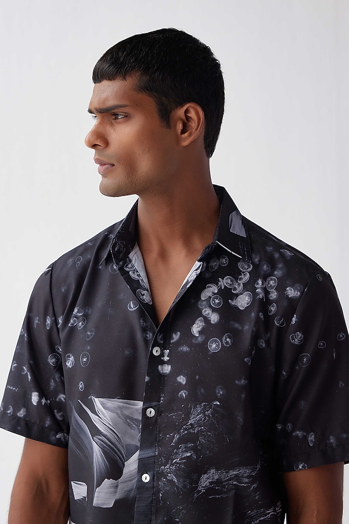 Black Viscose Crepe Printed Summer Shirt by Kheer-Ganga at Pernia's Pop Up Shop