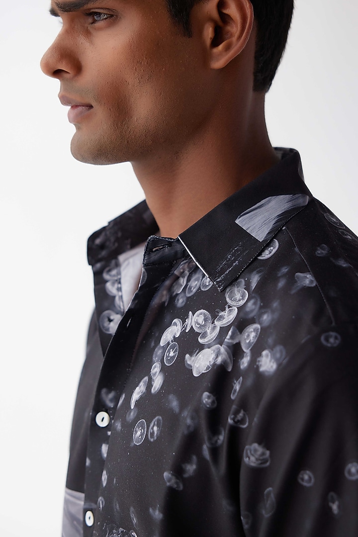 Black Viscose Crepe Printed Summer Shirt by Kheer-Ganga at Pernia's Pop Up Shop