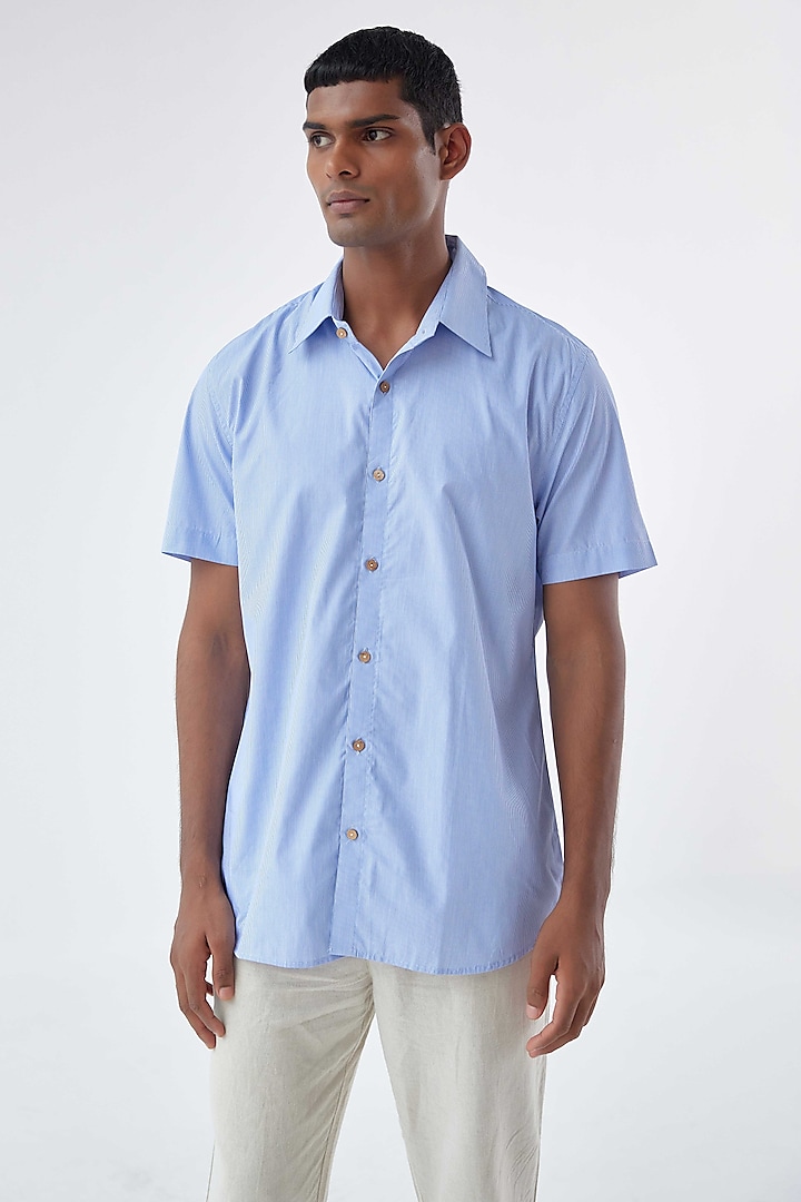 Sky Blue Viscose Crepe Printed Shirt by Kheer-Ganga