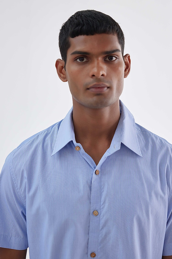 Sky Blue Viscose Crepe Printed Summer Shirt by Kheer-Ganga at Pernia's Pop Up Shop
