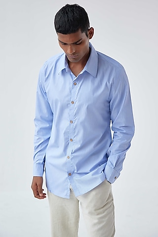 Sky Blue Viscose Crepe Printed Shirt by Kheer-Ganga