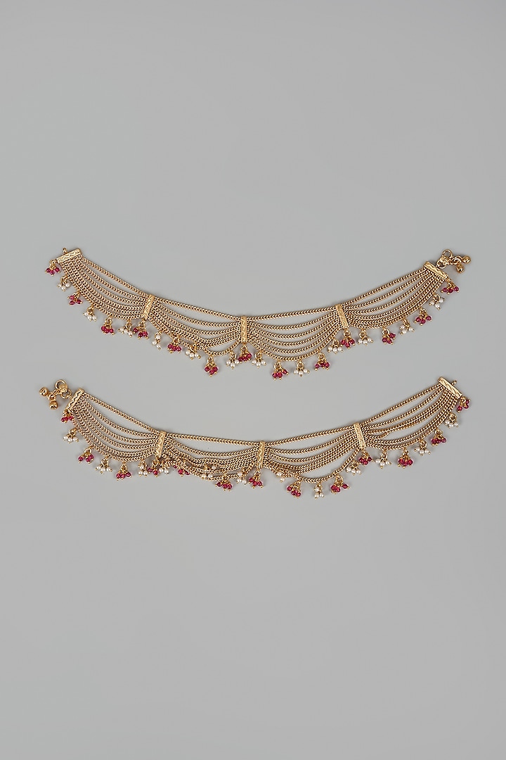 Gold Finish Pearl Anklets (Set Of 2) by Khushi Jewels at Pernia's Pop Up Shop