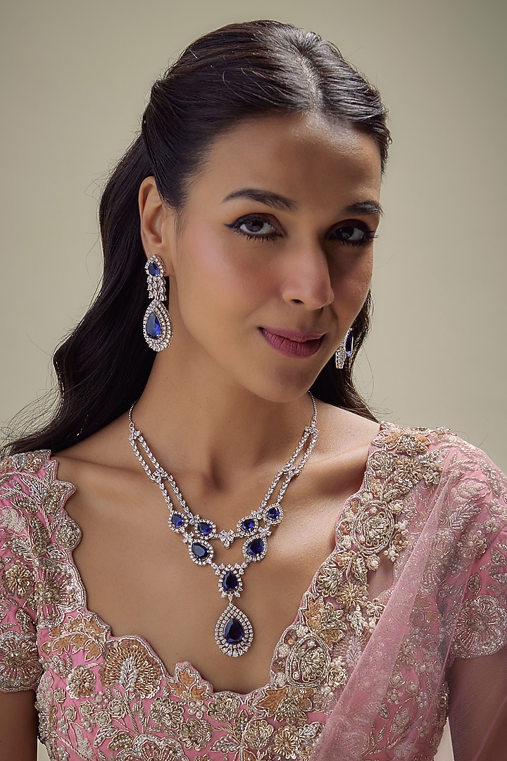 White Finish Zircon & Blue Stone Long Necklace Set by Khushi Jewels at Pernia's Pop Up Shop
