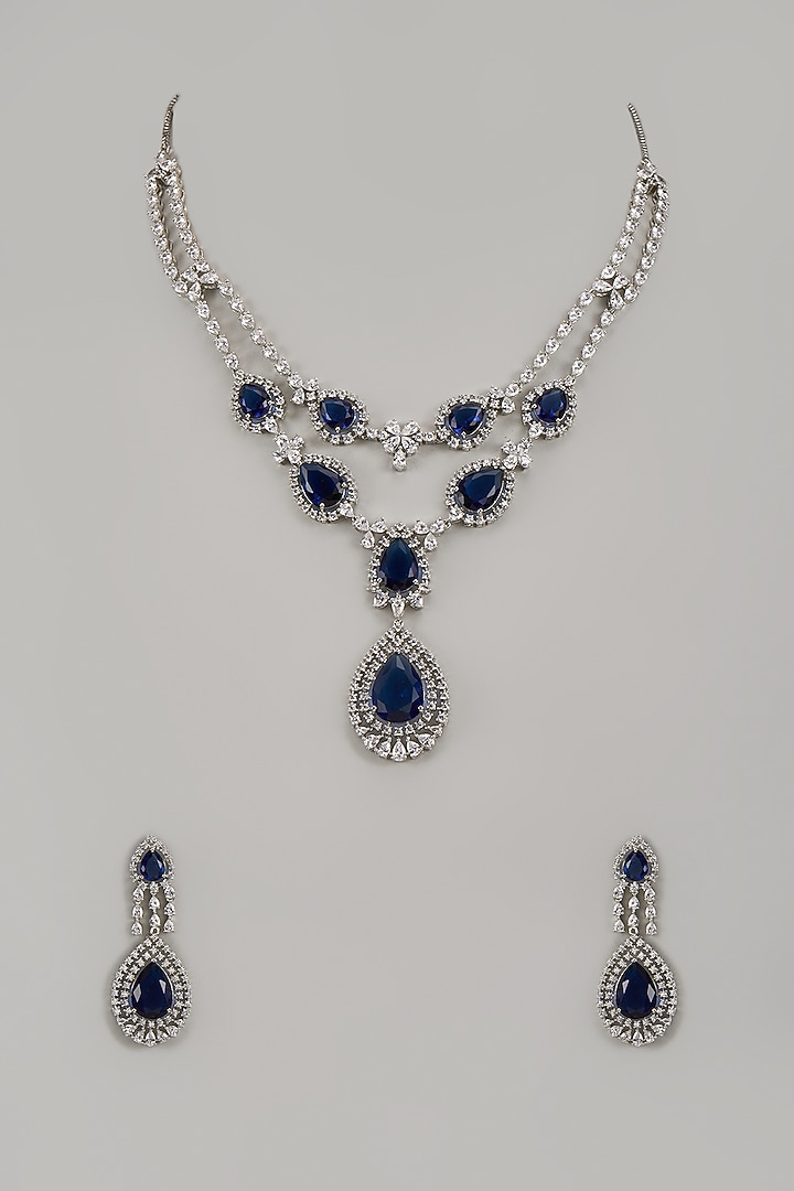 White Finish Zircon & Blue Stone Long Necklace Set by Khushi Jewels at Pernia's Pop Up Shop