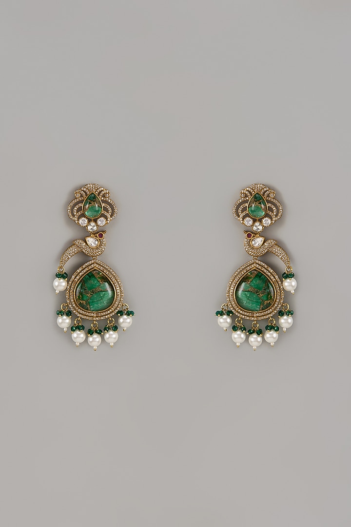 Gold Finish Kundan Polki & Green Stone Dangler Earrings by Khushi Jewels at Pernia's Pop Up Shop