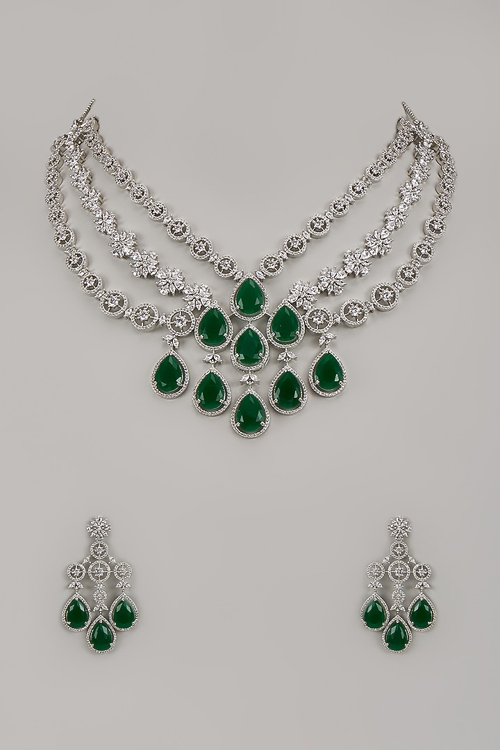 White Finish Zircon & Green Stone Necklace Set by Khushi Jewels at Pernia's Pop Up Shop