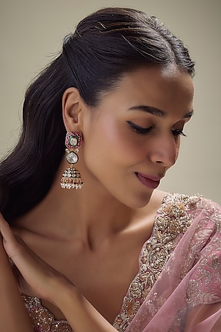 Rose Gold Finish Kundan Polki Jhumka Earrings by Khushi Jewels