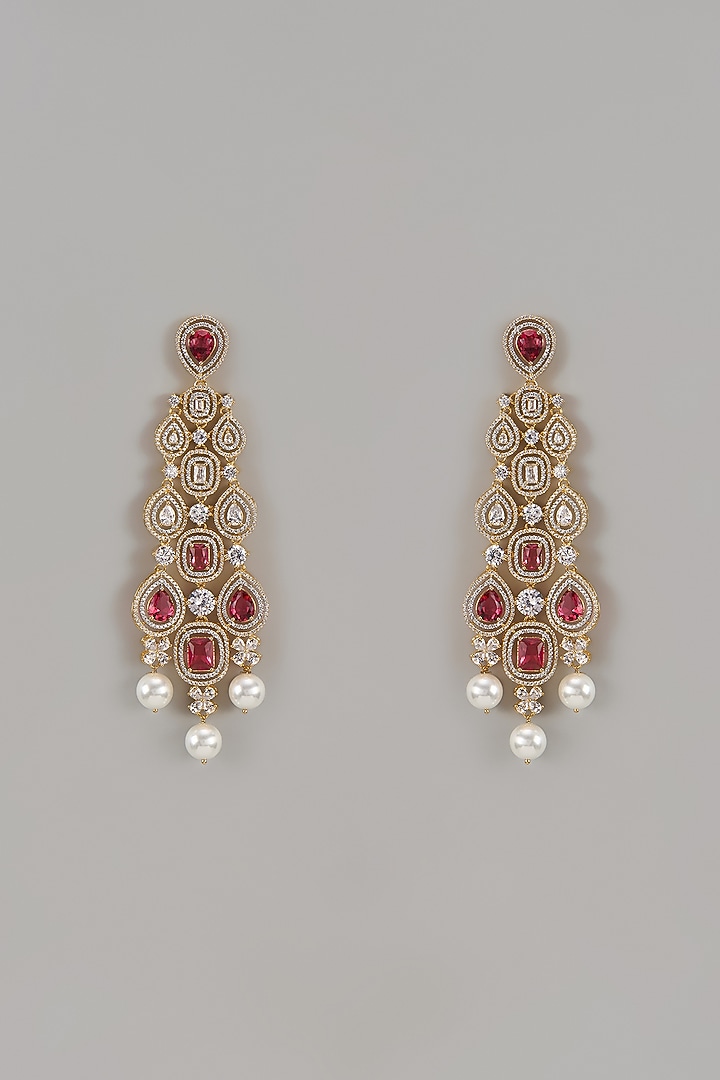Gold Finish Zircon & Red Stone Dangler Earrings by Khushi Jewels at Pernia's Pop Up Shop