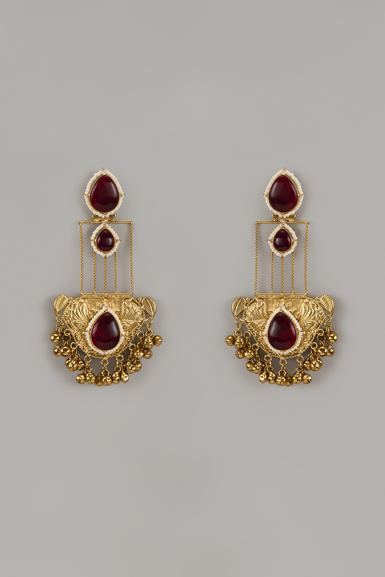 Gold Finish Red Stone Temple Dangler Earrings by Khushi Jewels at Pernia's Pop Up Shop