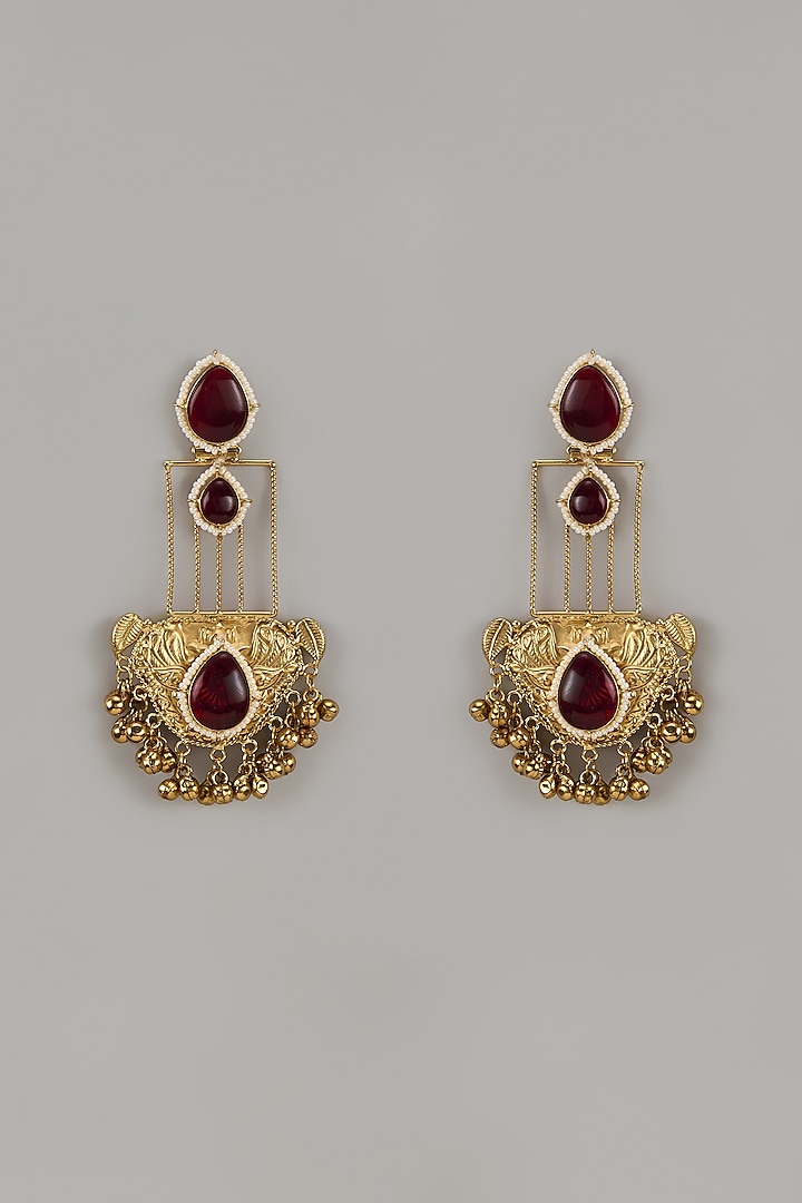 Gold Finish Red Stone Temple Dangler Earrings by Khushi Jewels at Pernia's Pop Up Shop