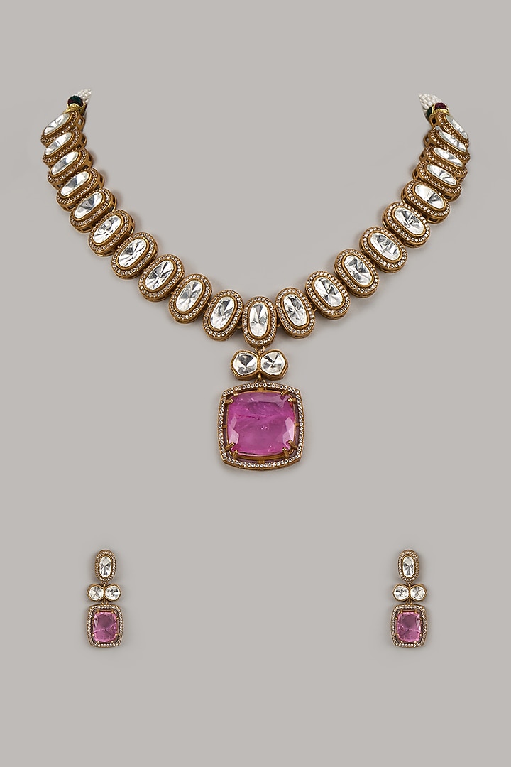 Gold Finish Kundan Polki & Pink Stone Long Necklace Set by Khushi Jewels at Pernia's Pop Up Shop