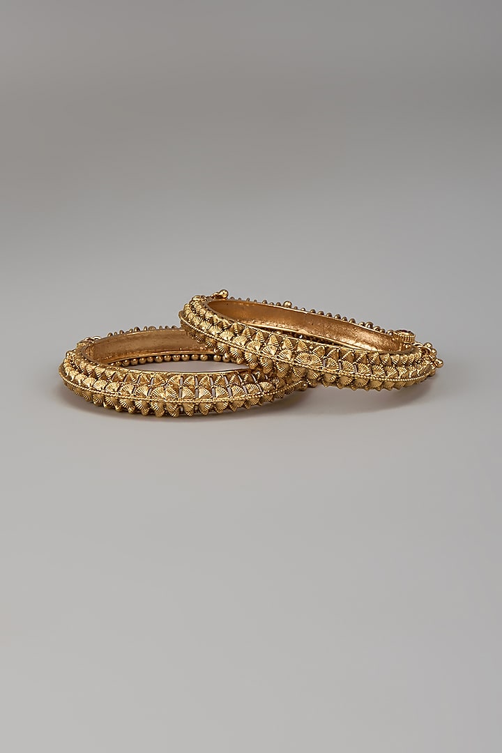 Gold Finish Temple Bangle (Set Of 2) by Khushi Jewels at Pernia's Pop Up Shop
