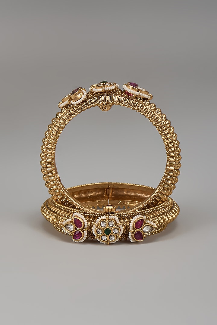 Gold Finish Temple Bangle (Set Of 2) by Khushi Jewels at Pernia's Pop Up Shop