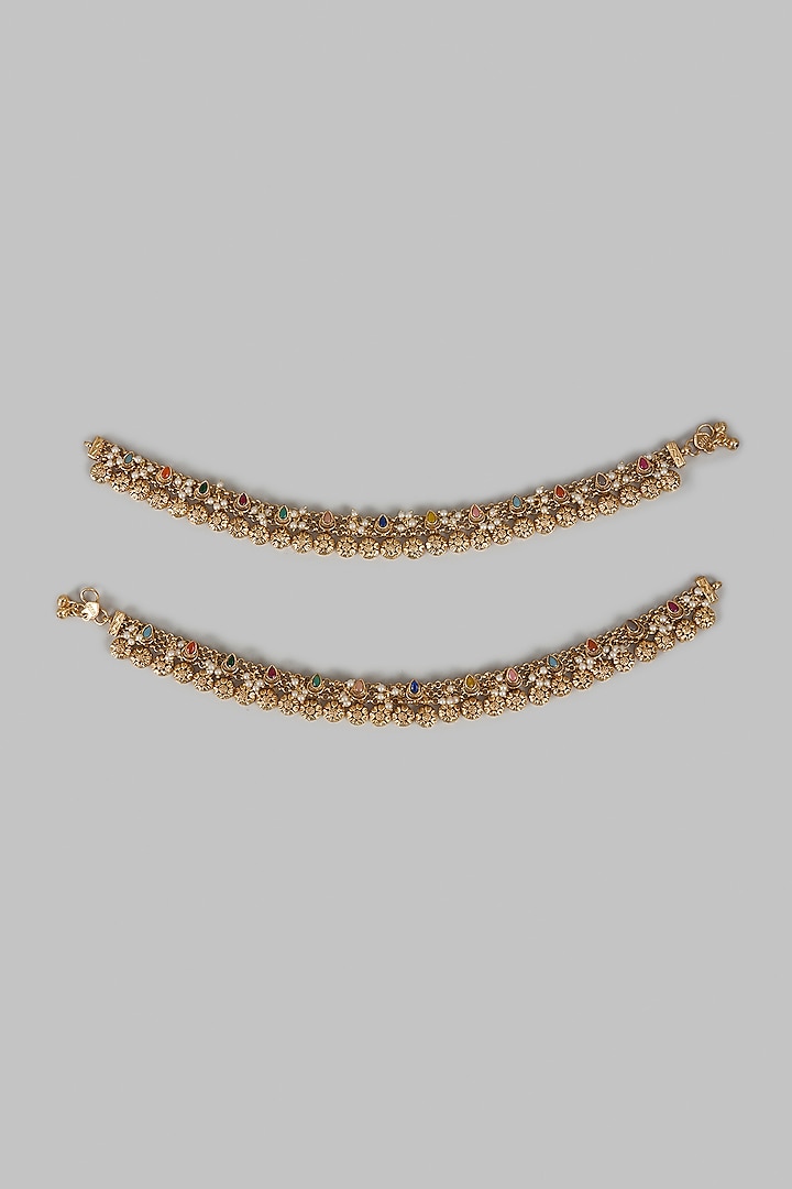 Gold Finish Multi-Colored Stone & Pearl Anklets (Set Of 2) by Khushi Jewels at Pernia's Pop Up Shop