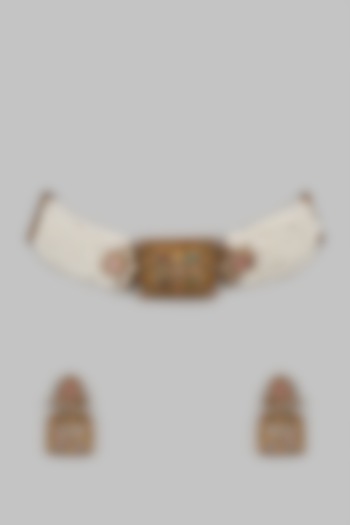 Gold Finish Pearl & Multi-Colored Square Pendant Choker Necklace Set by Khushi Jewels at Pernia's Pop Up Shop