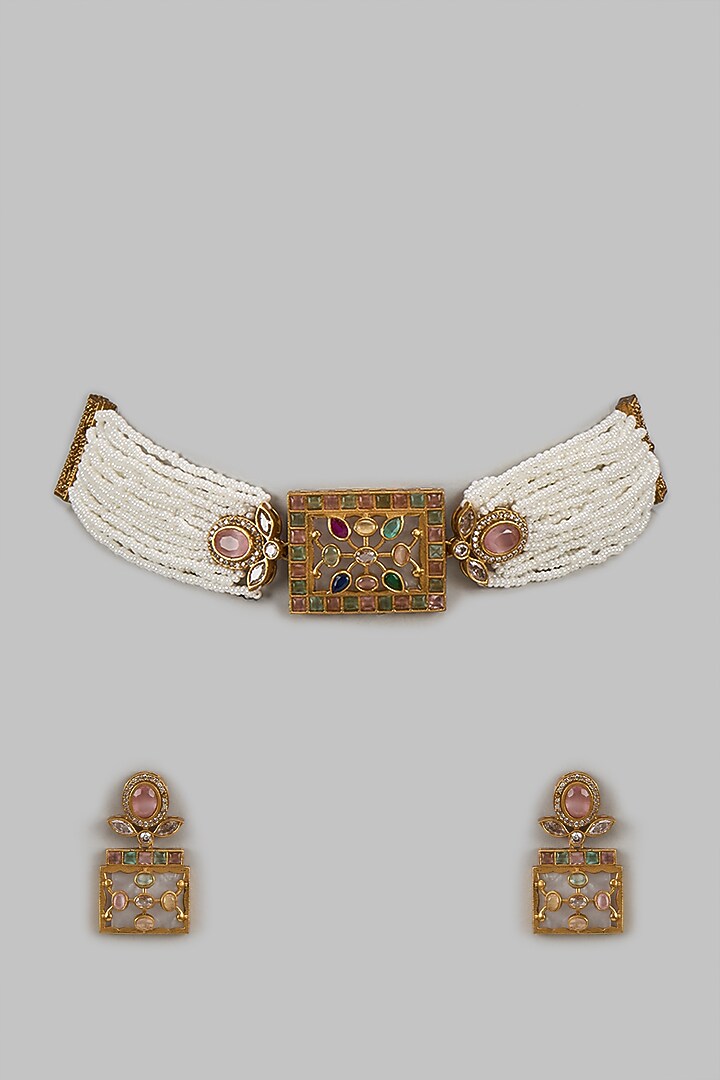 Gold Finish Pearl & Multi-Colored Square Pendant Choker Necklace Set by Khushi Jewels at Pernia's Pop Up Shop