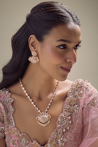 Rose Gold Finish Kundan Polki & Mother Of Pearl Long Pendant Necklace Set by Khushi Jewels