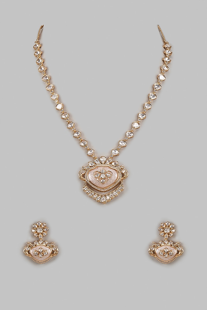 Rose Gold Finish Kundan Polki & Mother Of Pearl Long Pendant Necklace Set by Khushi Jewels at Pernia's Pop Up Shop