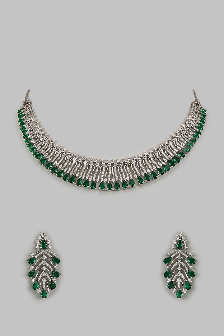 White Finish Zircon & Green Stone Necklace Set by Khushi Jewels at Pernia's Pop Up Shop