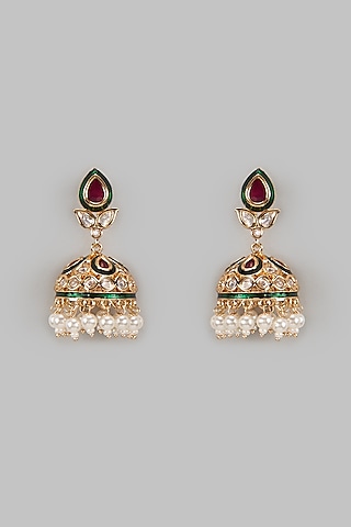 Gold Finish Kundan Polki Meenakari Jhumka Earrings by Khushi Jewels
